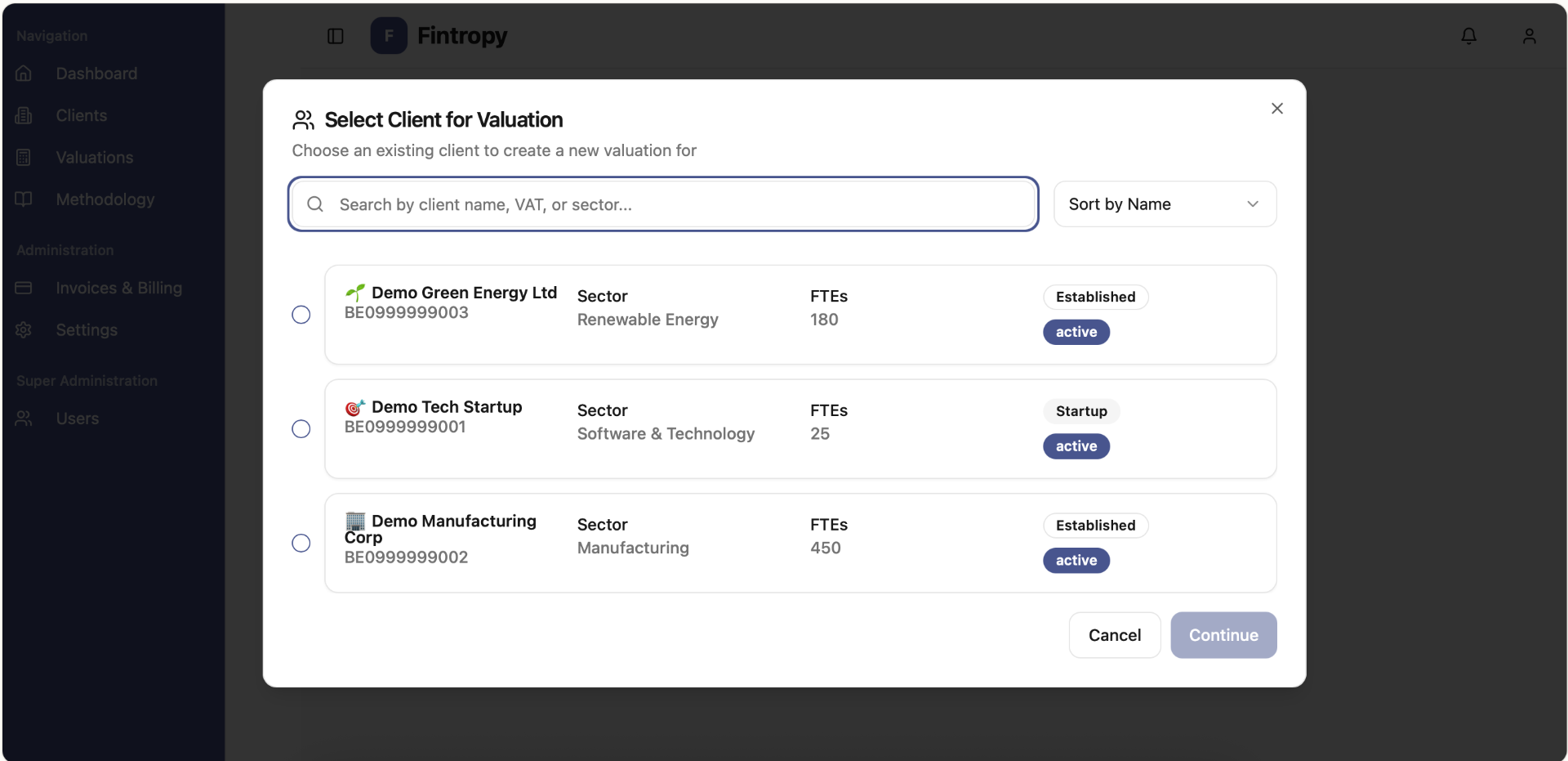 Select Your Client for Valuation